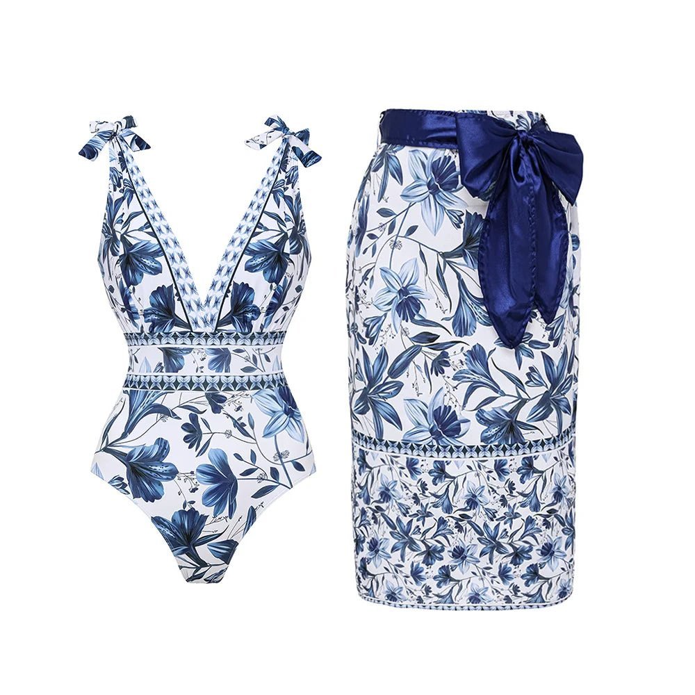Vair V - Neck One - Piece Swimsuit with Matching Skirt Set - Vair Swimwear