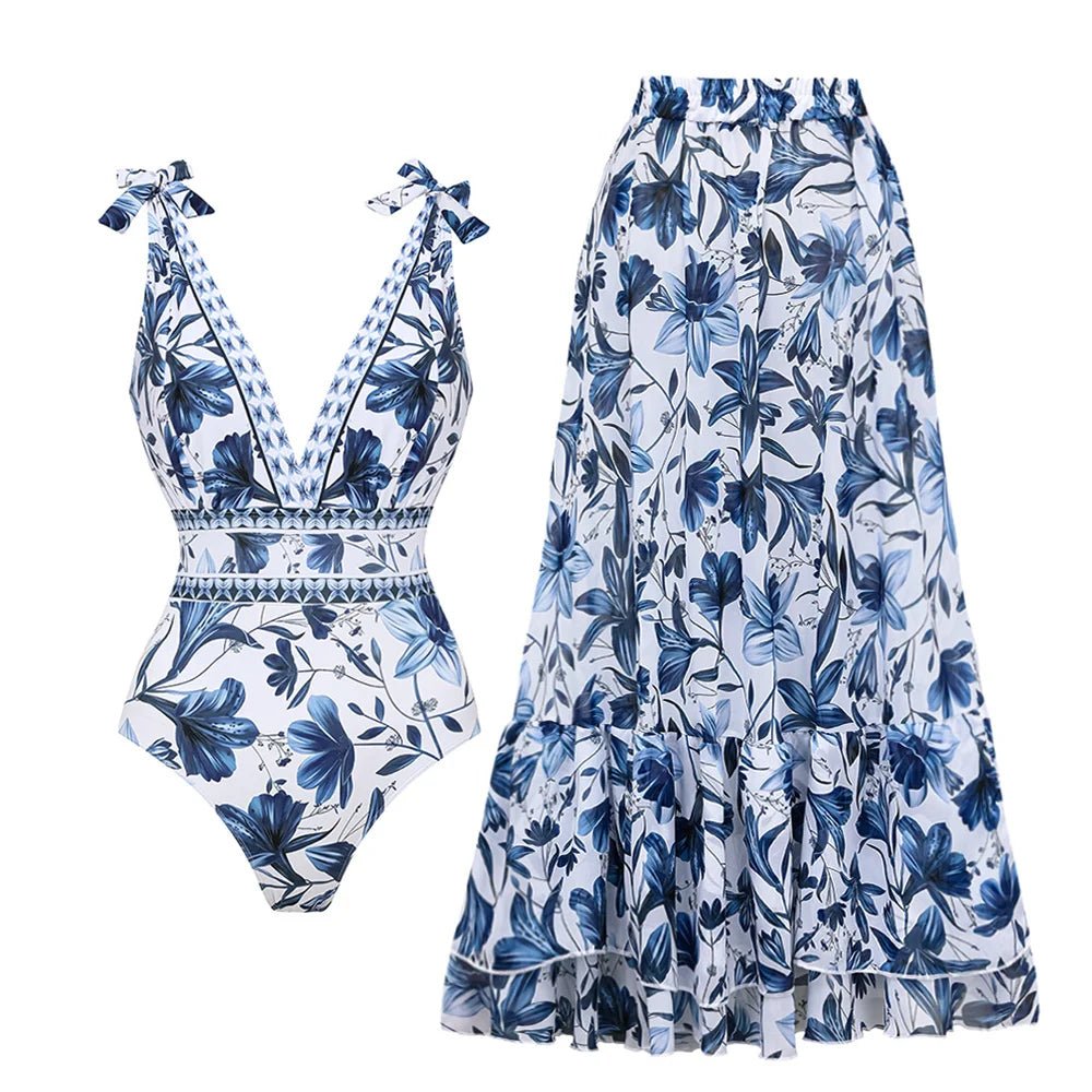 Vair V - Neck One - Piece Swimsuit with Matching Skirt Set - Vair Swimwear